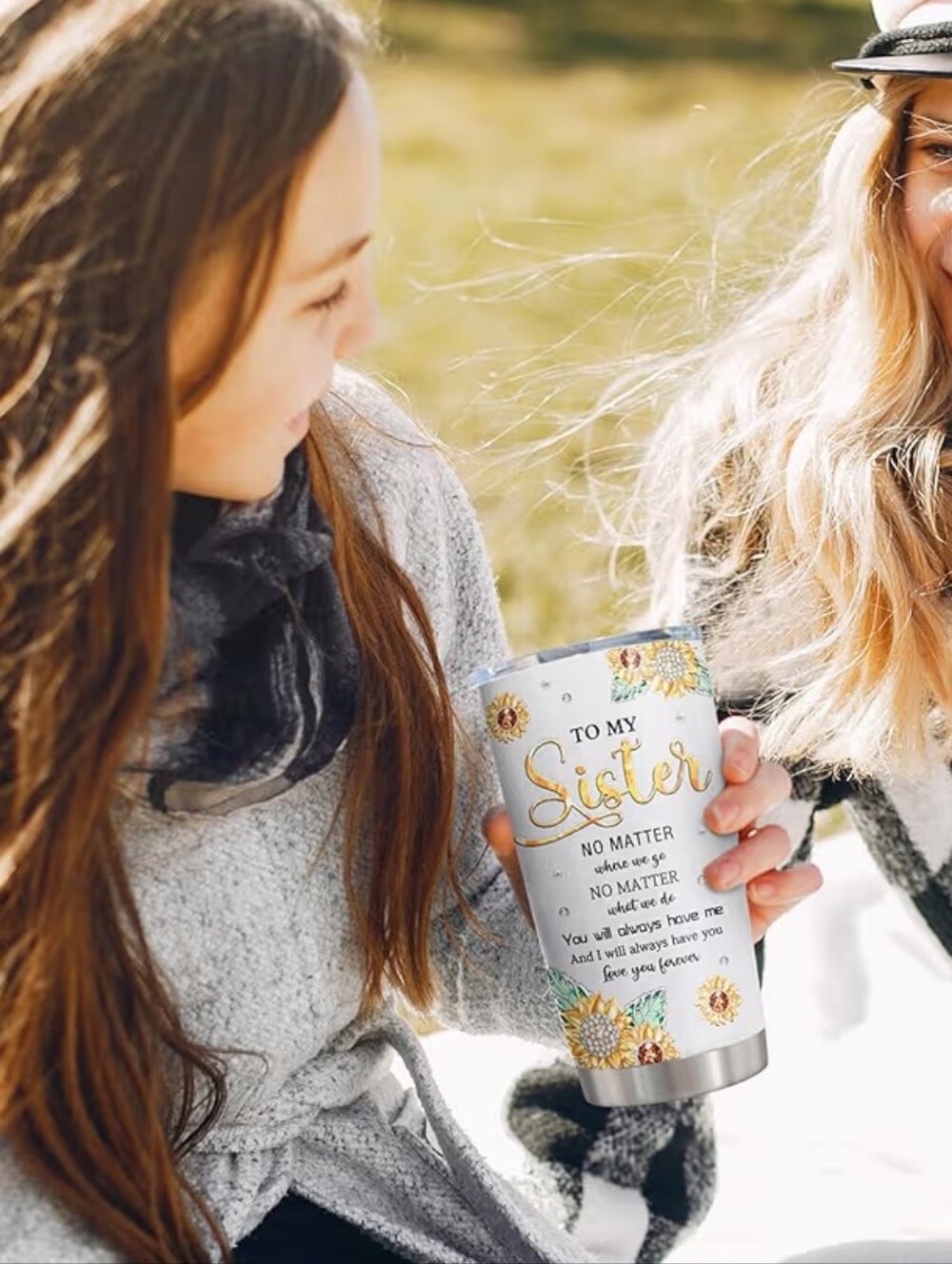 Sunflower Sister Stainless Steel Tumbler 20 oz Insulated Travel Mug Cup Gift